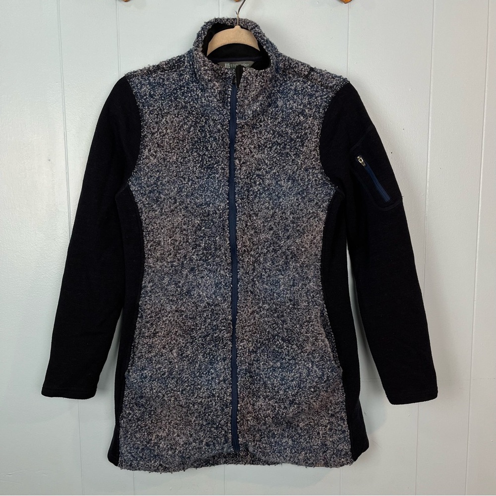 Title Nine Women Small Wool Blend Fleece Full Zip Jacket Black Blue Pockets